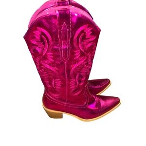 Metallic Pink Mid Calf Cowgirl Boots Embroidery Western Pull on Pointy Toe 7.5